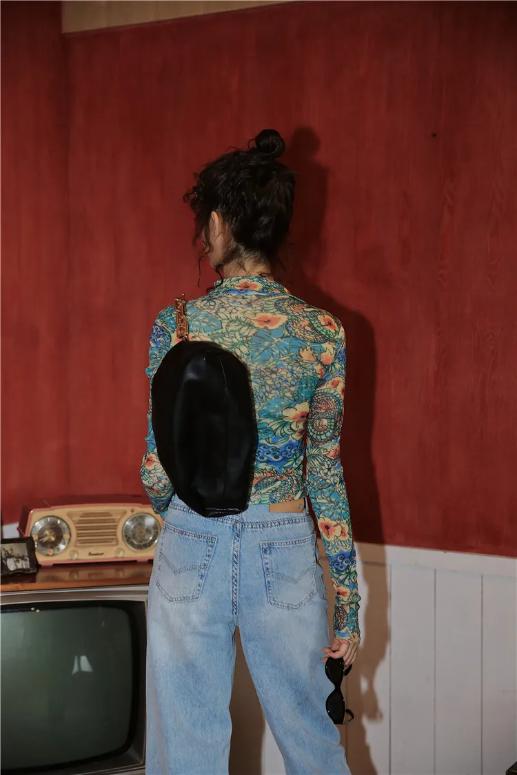 

2021 Women Mesh Dragon Print Shirt Long Sleeve Top Button Up See Through Top Fashion Designer Clothing FS256