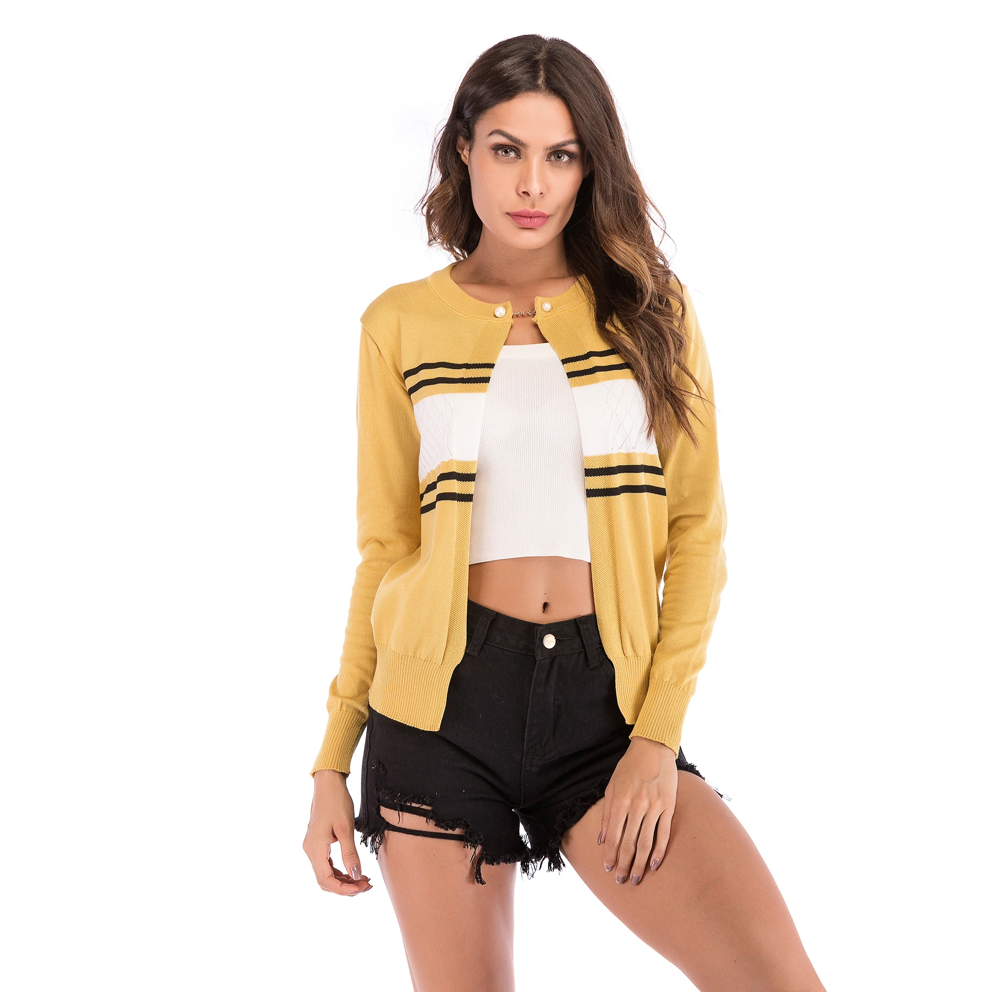 

Women clothing striped long sleeve round neck simple knit sweater cardigan 2022 spring and autumn new one-button casual coat