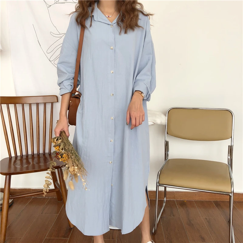 

Side Slit Cotton Long Women Blouses Simple Sexy Loose Women Full Shirts 2020 Spring Tops Turn-down Collar Casual Comfort Clothes