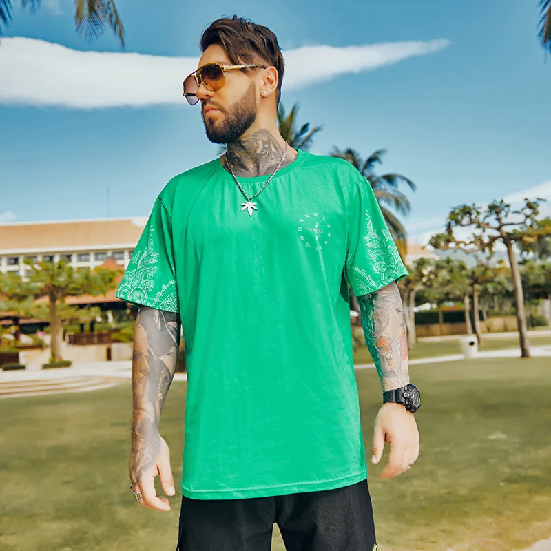 

2021 Summer Green Letter Print Oversized T Shirt Men Loose T-shirt Fat man Tops Crew Neck Cotton Casual Tee Shirt Clothes