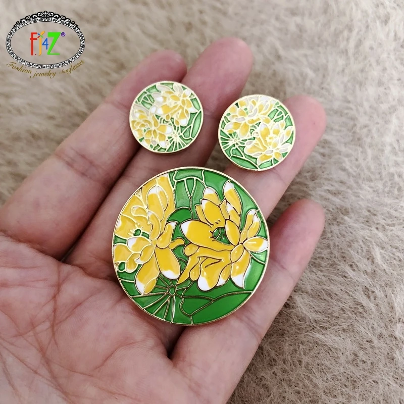 

F.J4Z Hot Women Brooches Pins Beautiful Enamel Lotus Statement Stud Earrings & Pins set Girl's Costume Jewelry Dropship