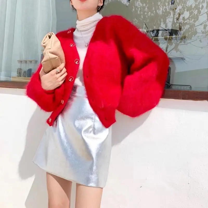 

2021 New Sweater Women's Autumn Winter White Mink Cashmere Coat Knitted Cardigan French Short Pullover Pearl Buttons
