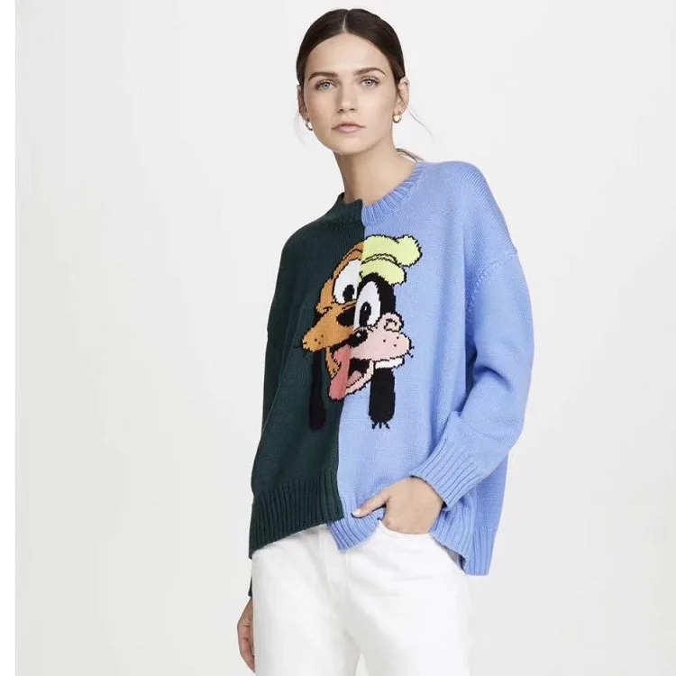 Женский шерстяной свитер свободный с круглым вырезом и мультяшной вышивкой