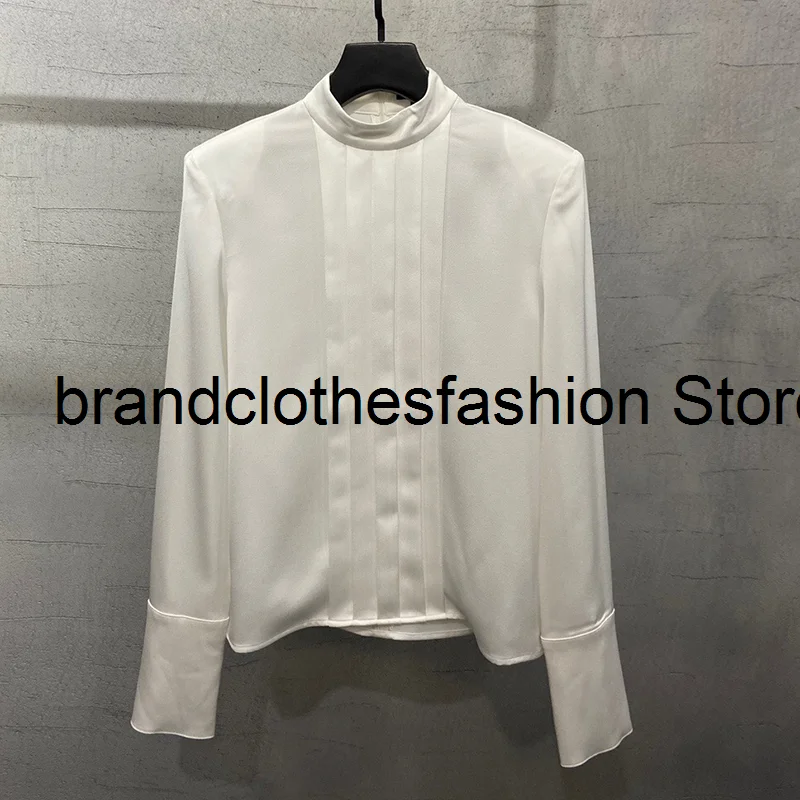

2021 Autumn High-End Solid Fashion Silky Blouse Women Top Quality Stand-Neck Long Sleeve Press Fold Back-Zip Pullover Shirt Lady