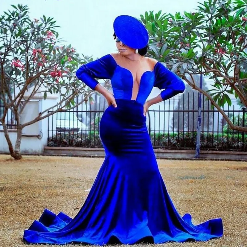 

vestido de fiesta Velour Prom Gown Ruffles Edge Royal Blue Mermaid Sexy Neckline Prom Dress for Photo Shoot Full Sleeve