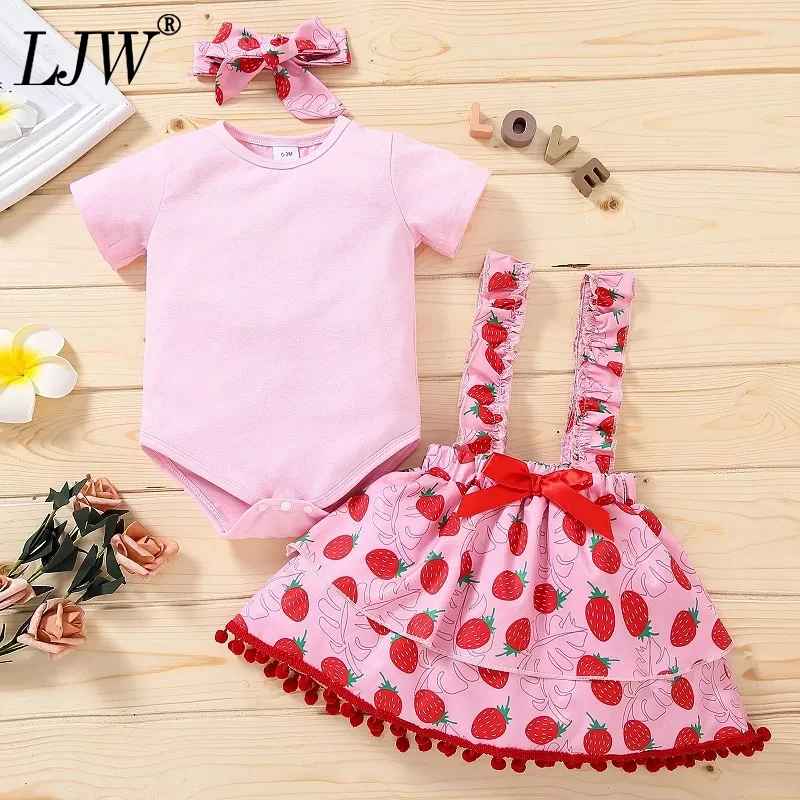 

Лето 2021, платье с розовым покрытием для девочек в европейском и американском стиле + юбка-трапеция с клубничным ремешком для милой, детская о...