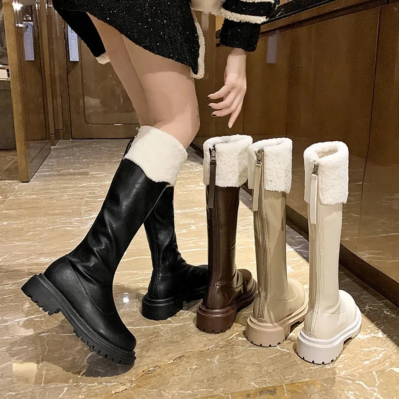 Зимние сапоги Pofulove на платформе кожаные с мехом высокие до бедра плоской подошве