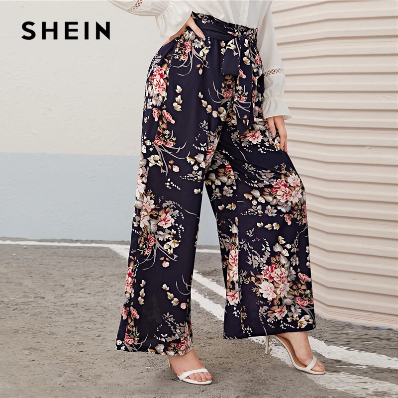 SHEIN плюс размер многоцветная бумажная сумка Талия цветочный принт широкие брюки для женщин осень весна Boho поясом длинные свободные брюки