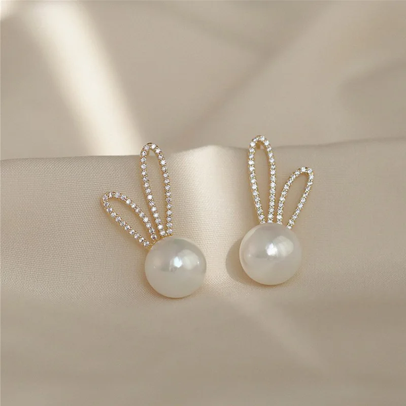 

Cute Fashion Shiny Crystal Rabbit Ear Earrings Simulated Pearl Pendant Statement Female Jewelry Accessories Gift