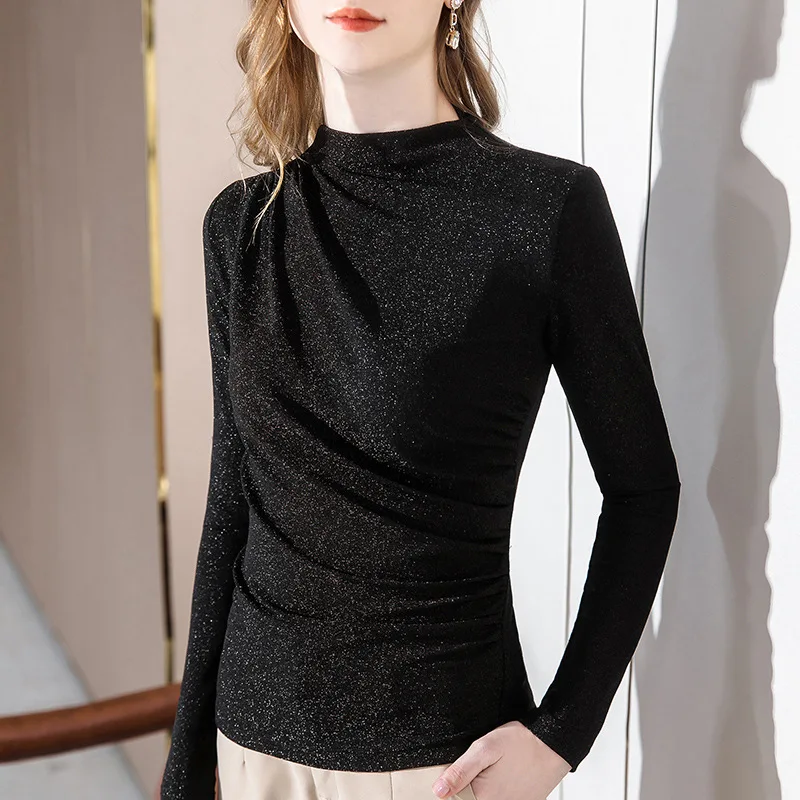 

Small stand collar glitter silk bottom coat for women in autumn and winter with long sleeve T-shirt and pleated waist bright