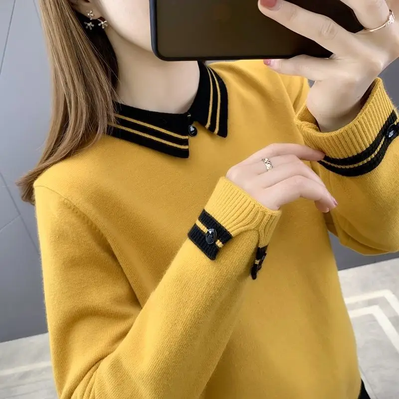 

Bottoming Shirt Women's Lapel Top Large Size Loose All-match Doll Collar Knit Sweater Female Pullover All-match Sweater Autumn
