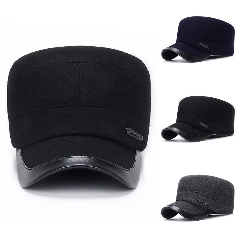 

Classic Woolen Military Hat Vintage Flat Top Caps Adjustable Cotton Men's Flat Top Hat Dark Woolen Hat Warm Flat Top Caps