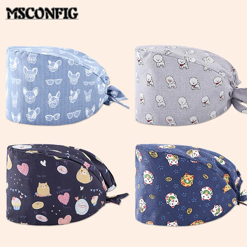 

Cute Cartoon Animal Print Cotton Nurse Cap Dentist Surgery Adjustable Pet Shop Beauty Salon Work Scrub