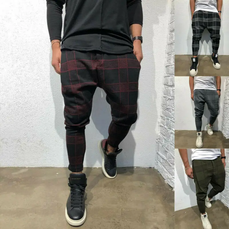 Мужские облегающие брюки-карго Стрейчевые повседневные брюки в клетку с плоской