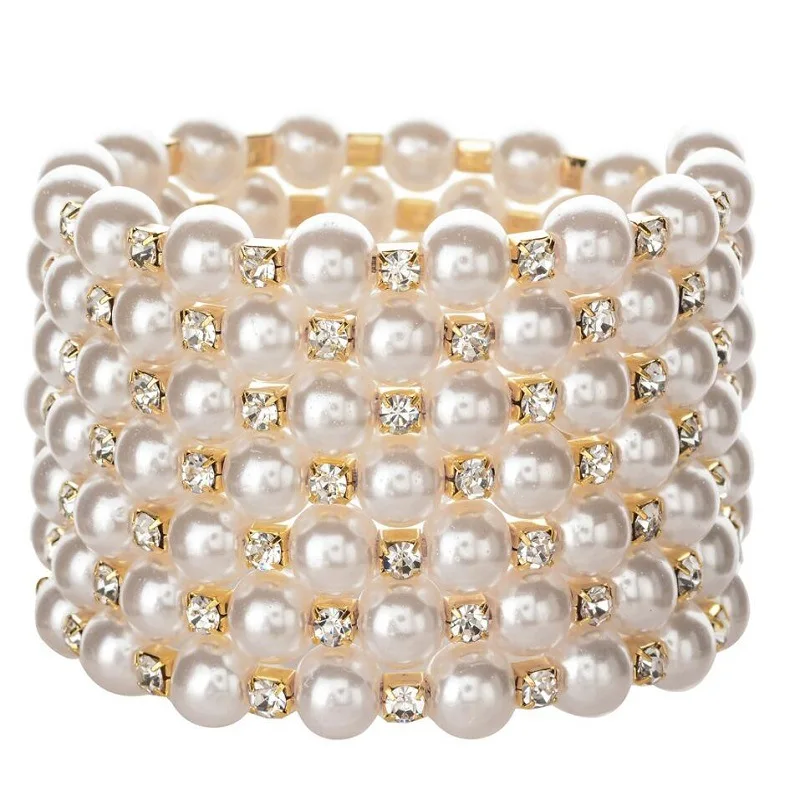 

Layered Wide Statement Beaded Bracelets&Bangles for Women Bride Crystal Pearl Adjustable Wristband Cuff Pulseras Wedding Jewelry