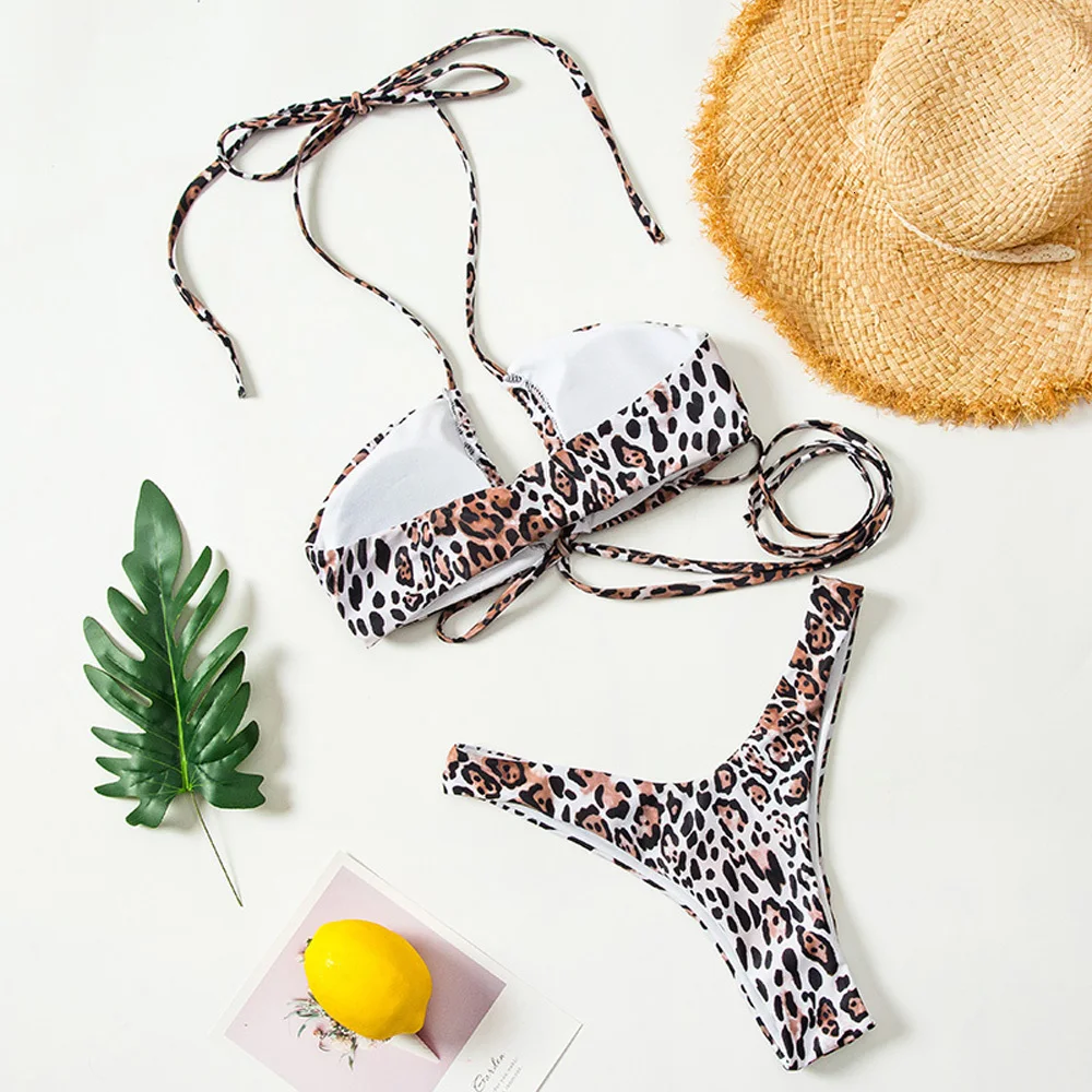 Сексуальное леопардовое бикини с вырезами перекрестный бандаж купальник для