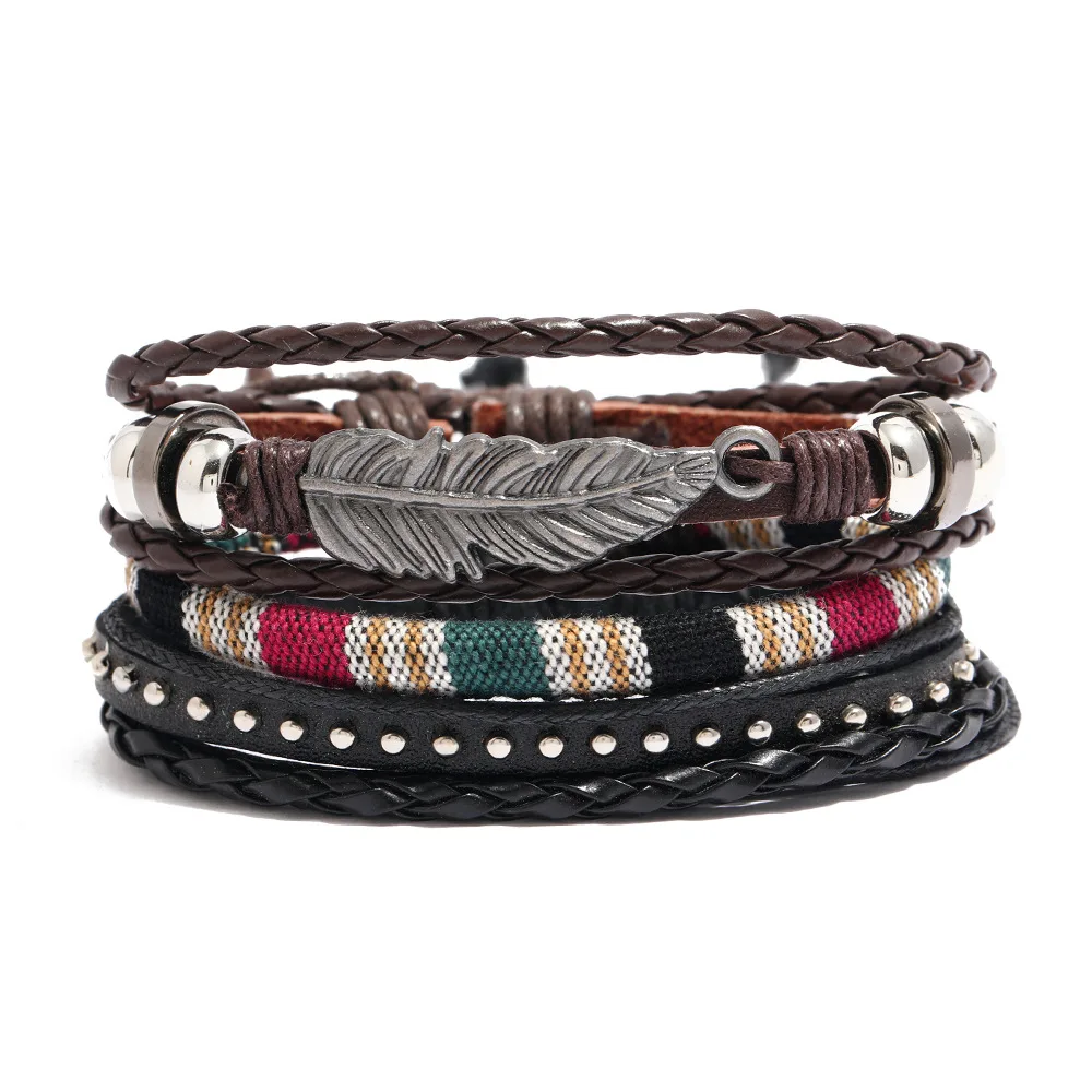 

4 pieces/set men's adjustable leather bracelet woven black brown bracelet angel wing helmsmanship bracelet gift
