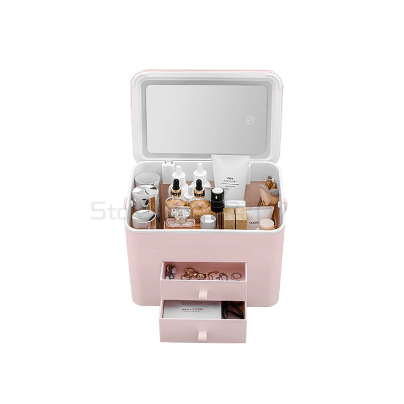 

Large capacity cosmetic bag with mirror new portable advanced sense portable storage box portable design with drawer