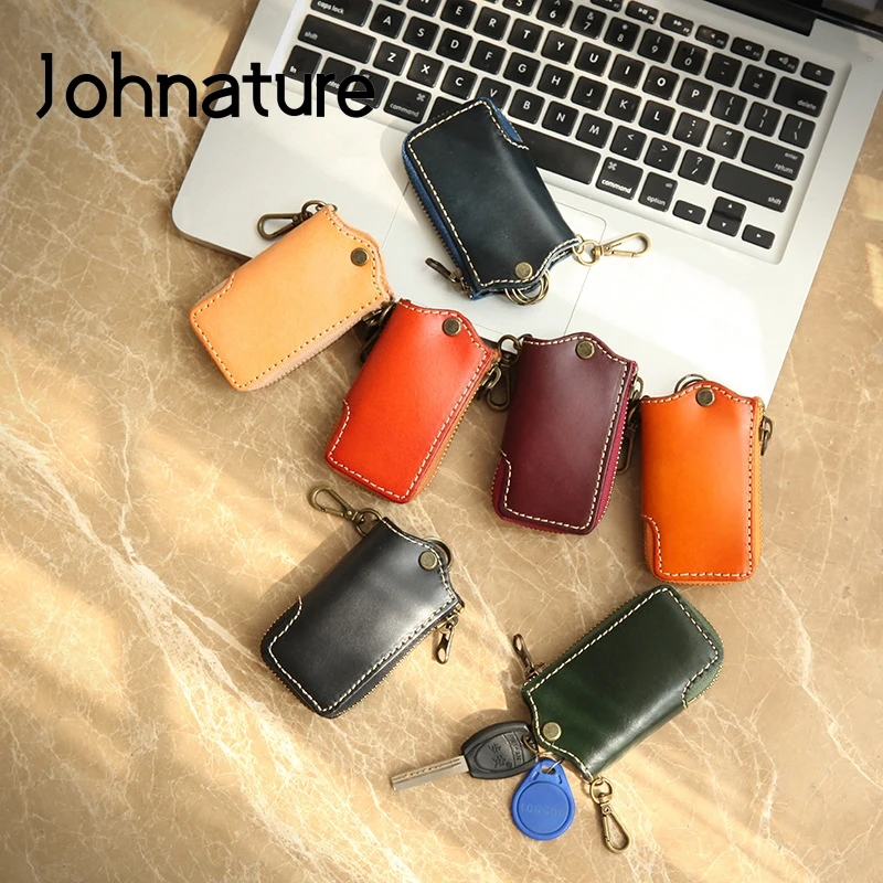 

Женский кошелек для ключей Johnature, однотонный кошелек из натуральной воловьей кожи в японском стиле, с отделением для ключей, ручной работы, у...
