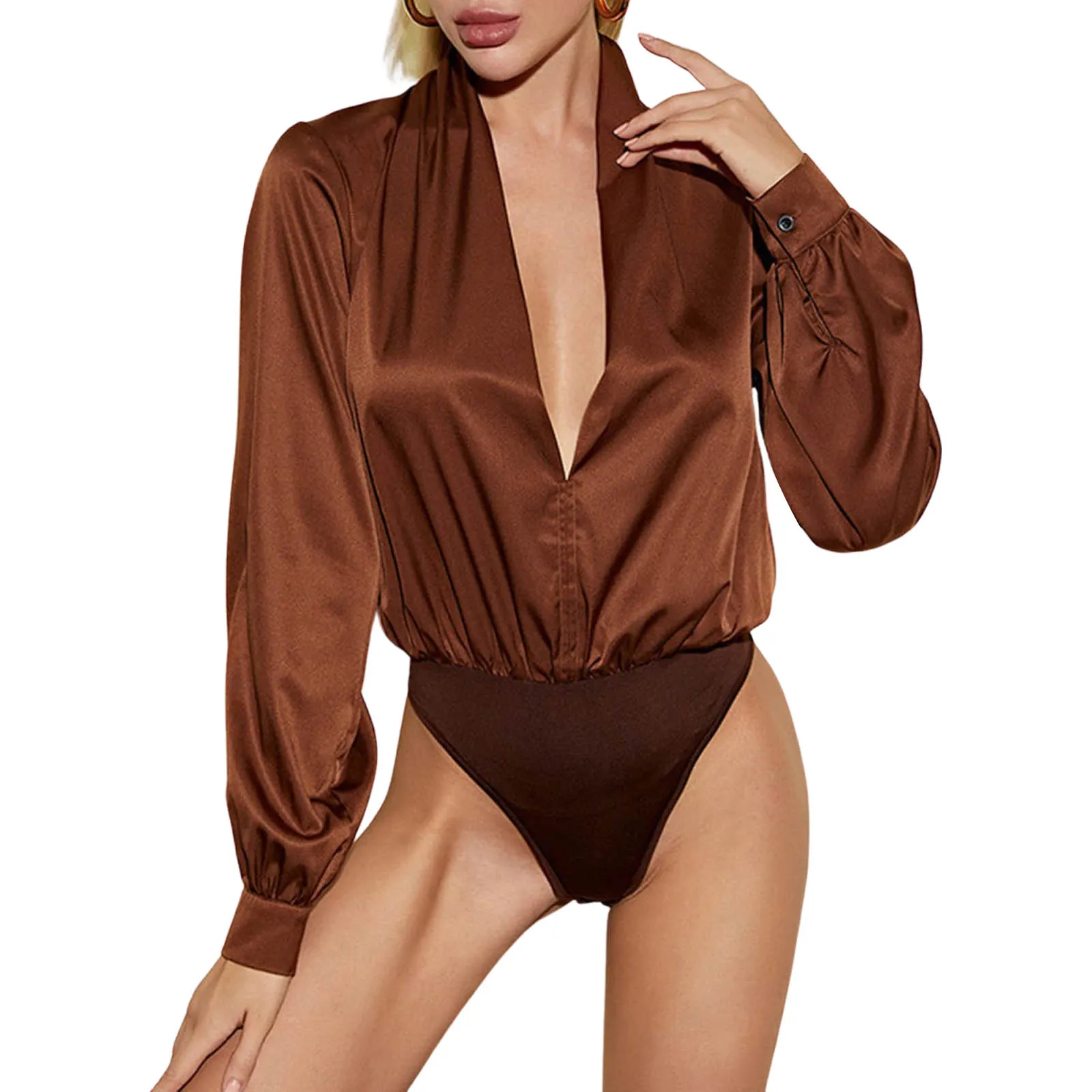 

Women Autumn Elegance Sexy Bodysuit Solid Brown Color Deep V-Neck Long Sleeves Casual Office Lady Shirt Playsuit