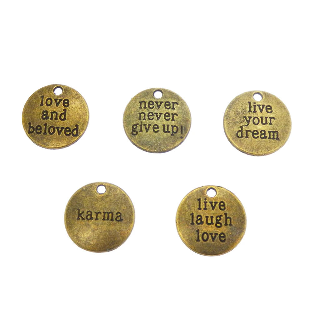 

Julie Wang 10 PCS 19mm Retro Bronze Alloy Round Inspiration Word Charms Engraved Pendant For Bracelet Dangle Earring Jewelry DIY