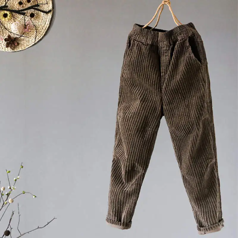 Женские вельветовые шаровары винтажные повседневные теплые с эластичным поясом