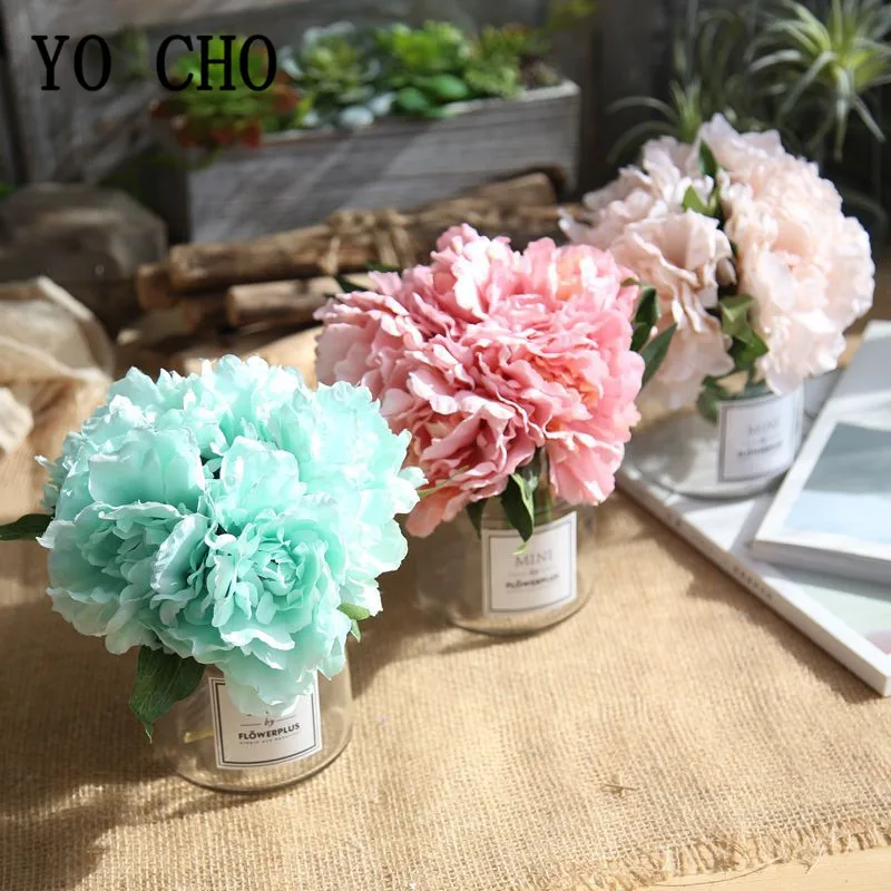 

5 Heads/Bundle Silk Peonies Bride Bouquet Blue Red Fake Flore Bundle Wedding Home Wall Desk Ornament Artificial Flowers Peonies