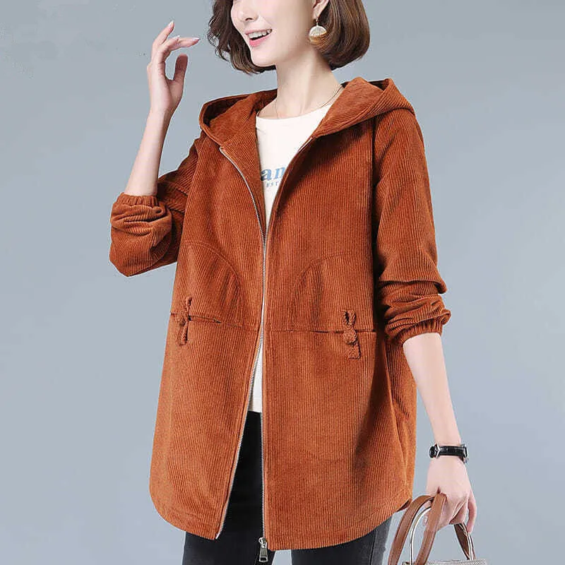 Куртка Вельветовая Женская свободная с капюшоном для женщин среднего возраста