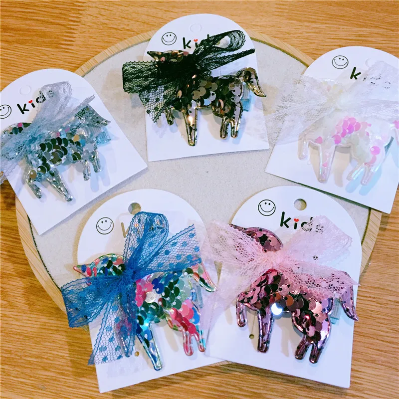 Двухцветная заколка для волос с бантом и блестками в виде единорога заколки