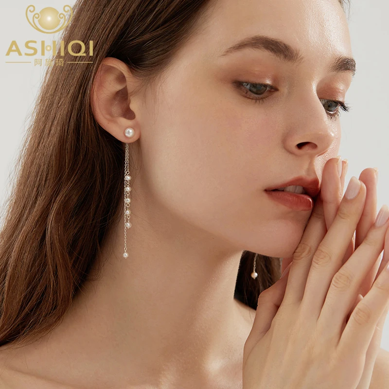 

ASHIQI Natural freshwater pearl 925 sterling silver hanging tassel long earrings for women fashion