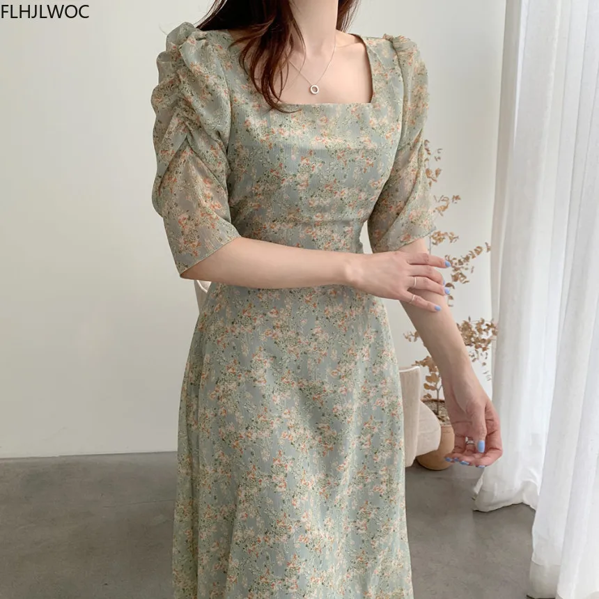 Korean Chic Dress Elegant Office Lady Temperament New 2020 Floral Print Square Collar A Line Retro Vintage Green Vestidos | Женская