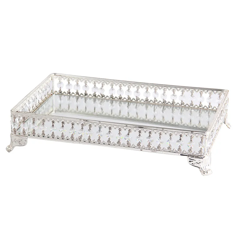 

Metal plated silver crystal mirror square fruit plate cake tray