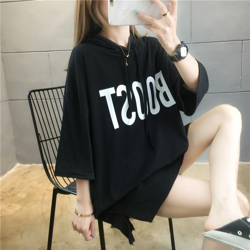

2020 Summer New Korean Style plus Size Loose Fat Girl plus Size Hooded Short Sleeve T-shirt Women's Mid-Length Top Fashion