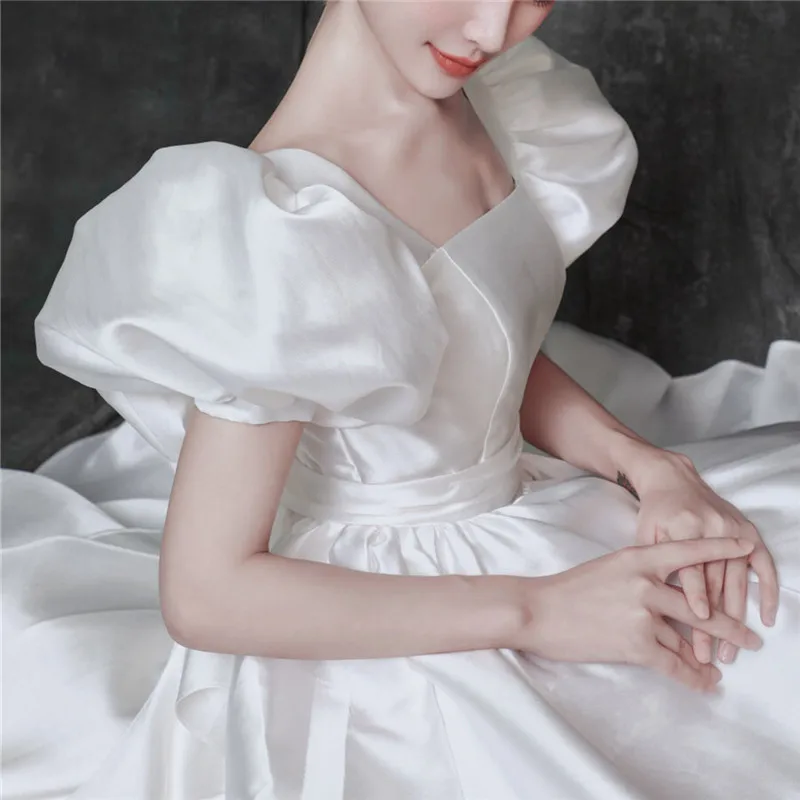 

Party Dress Short Puff Sleeve Square Collar Elegant Women Dress Vintage Solid Bow Slim Female Long Vestidos 2020 Spring Summer