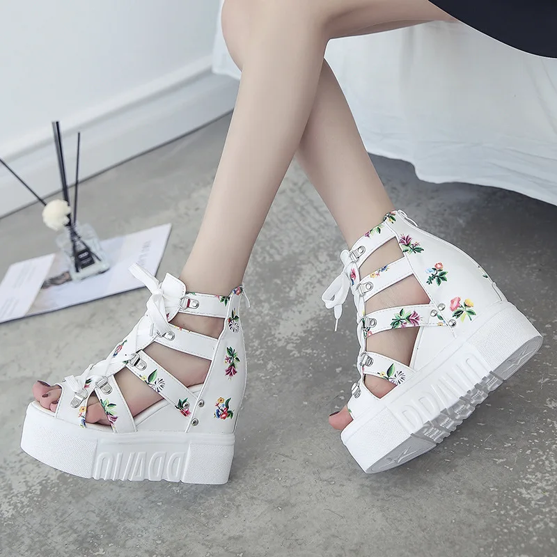

2021 Slope heel platform large size sandals women summer fashion round toe open toe back zipper sports wind high heel sandals