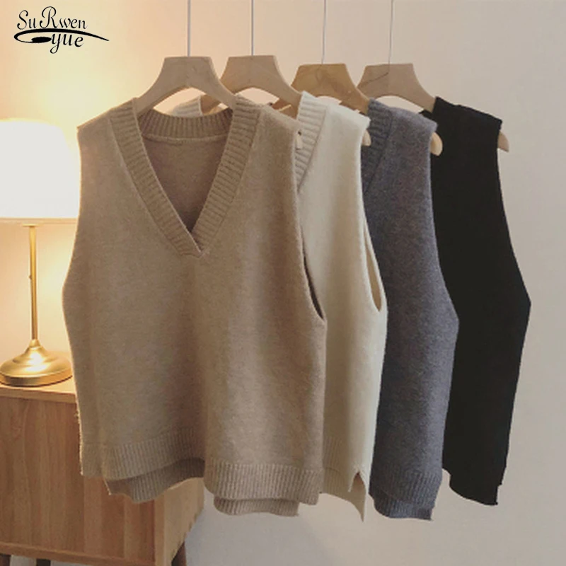 

Autumn Winter Solid V-Neck Loose Sweater Vest Vintage Sleeveless Knitted Sweater Vest Women Wool Vest Sweater for Women 17907