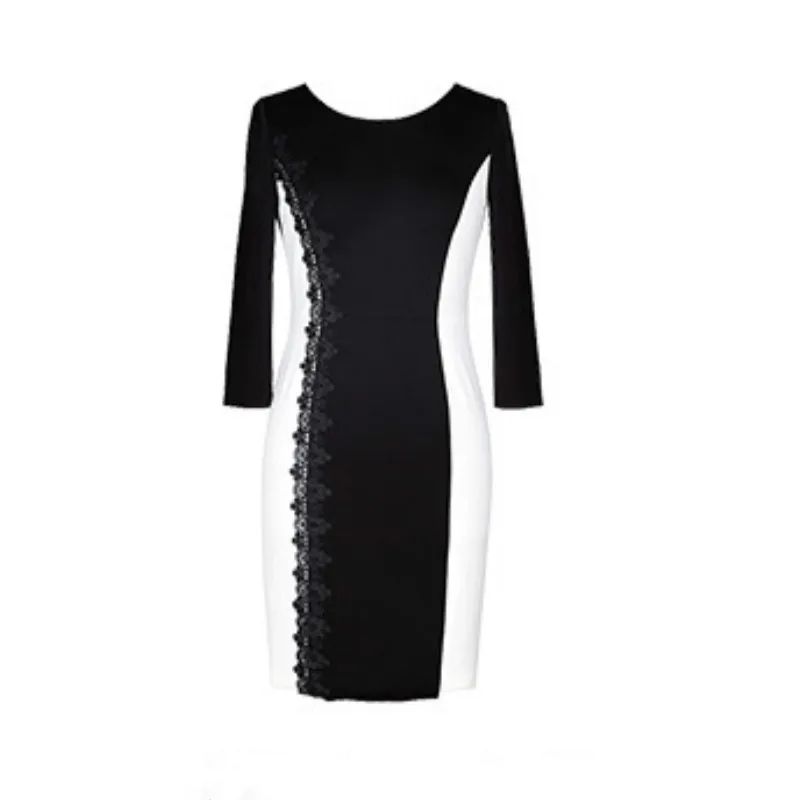 

Office Dress Woman Spring Autumn New Black And White Patchwork Lace Round Neck Three Quarter Sleeves Slim Plus Size Dress M-XXL