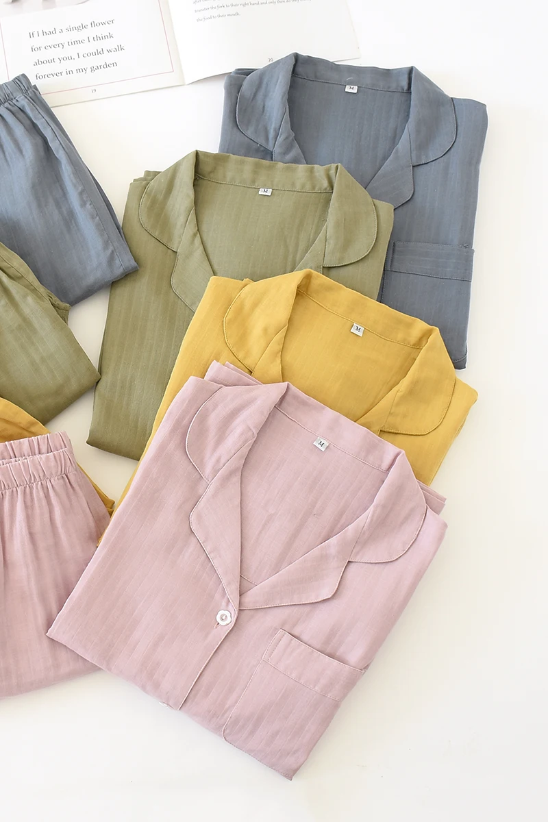 

Japanese Style Couple Pajamas Cotton Men and Women Autumn Solid Color Double Gauze Long-sleeve Simple Homewear Loose XL Pajamas