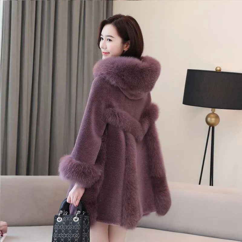 Stunning Grape Real Sheep Fur Coats Hooded Slim Cashmere Middle Length Fox Hair Collar A-line Winter Warm Elegant Women Overcoat