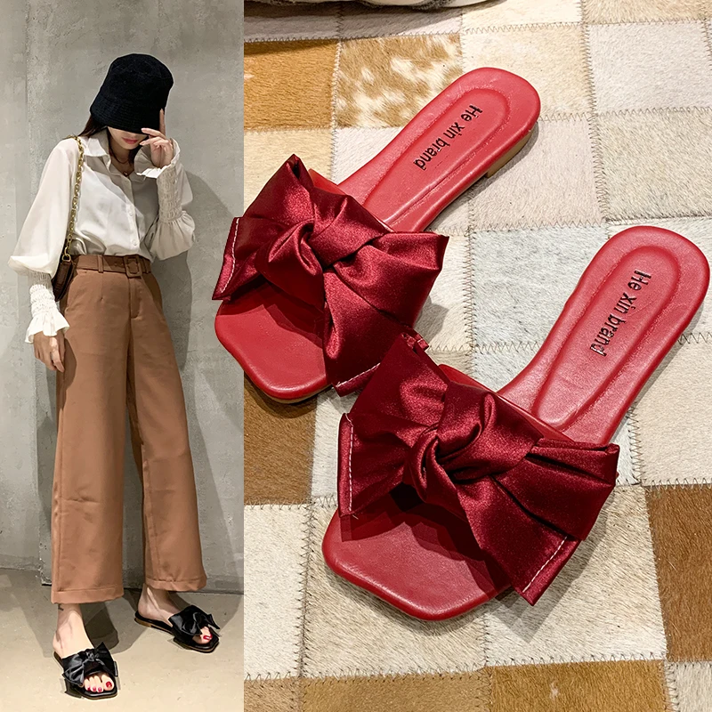 Корейские модные атласные тапочки с большим бантом женская обувь уличные