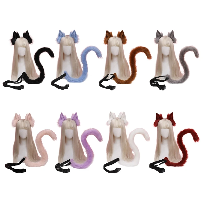 Juego de diadema con orejas de gato de peluche, accesorios de dibujos animados para fiesta de Cosplay, Halloween