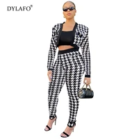 fall winter 2021 womens fashion 2 piece set leopard houndstooth print trouser suit sexy two piece matching ol work wear outfits