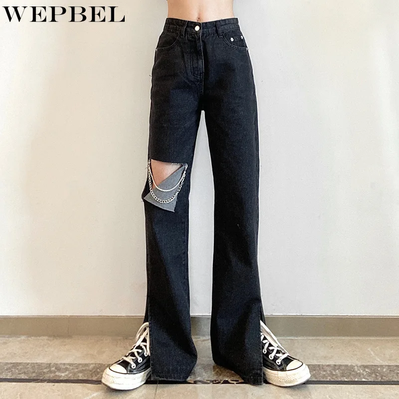 

WEPBEL High Waist Jeans Women's Casual Solid Color Ripped Chain Jeans Summer Fashion Loose Denim Straight-Leg Pants