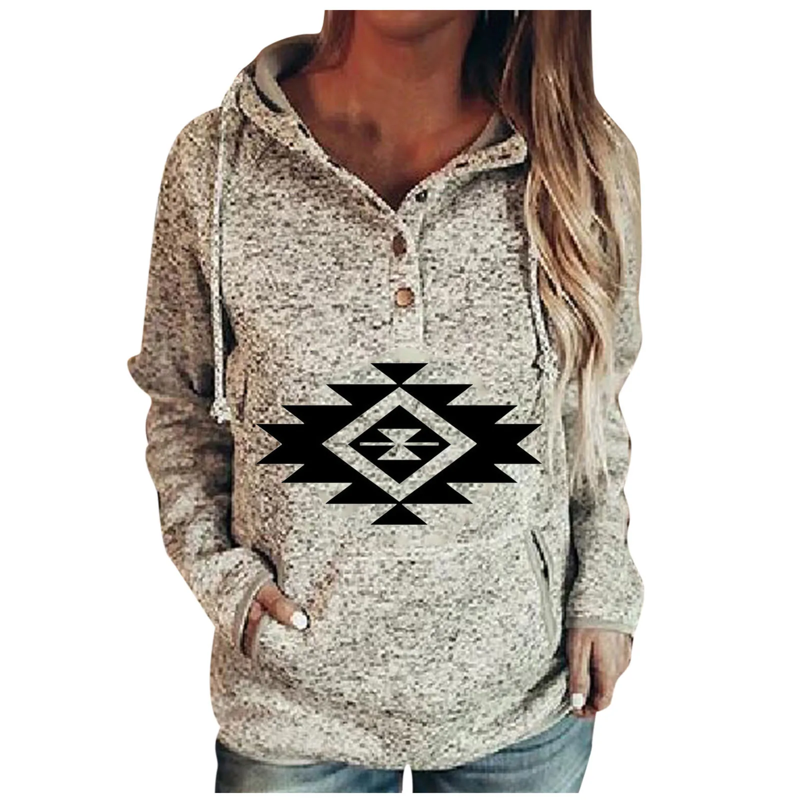 

Women's Pullover Top Blouses Hoodie Printed Snap Button Long Sleeve Pocket Hoodies Button Collar Sweatshirt Sweatshirt