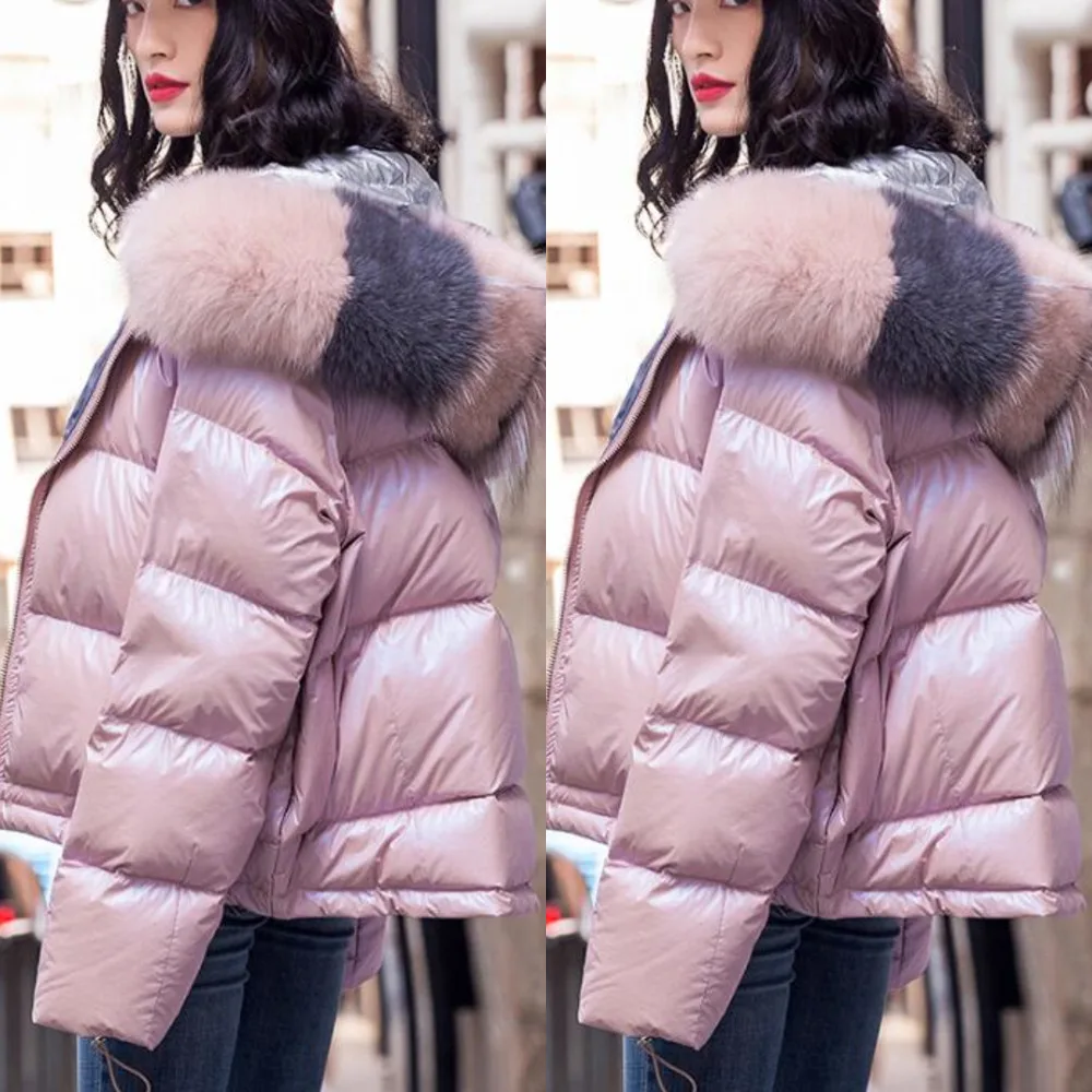 

Double Winter Down Jacket Real Natural Fox Fur Collar White Duck Down Coat Women Loose Short Warm Parka Snow Outwear