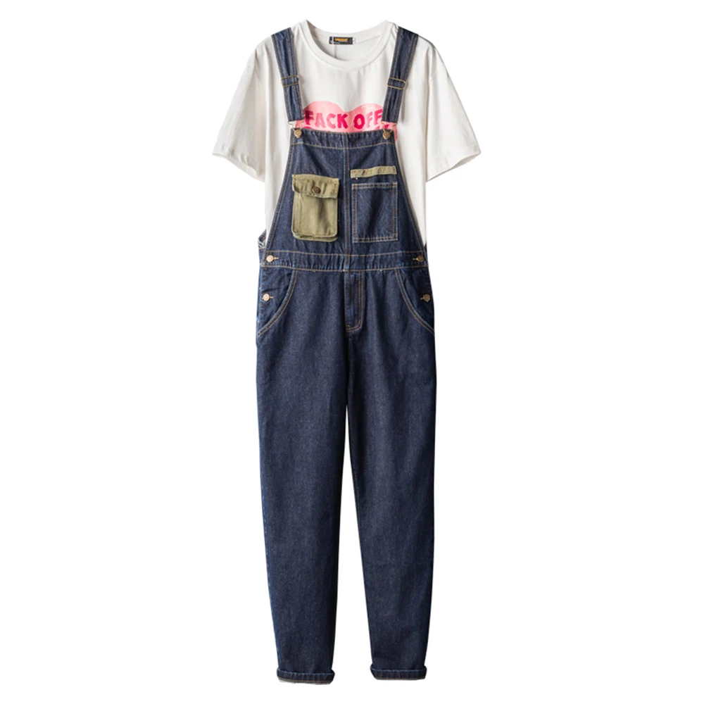 

Men's Pockets Cargo Blue Denim Bib Overalls Casual Loose Straight Jeans Jumpsuits for Youth