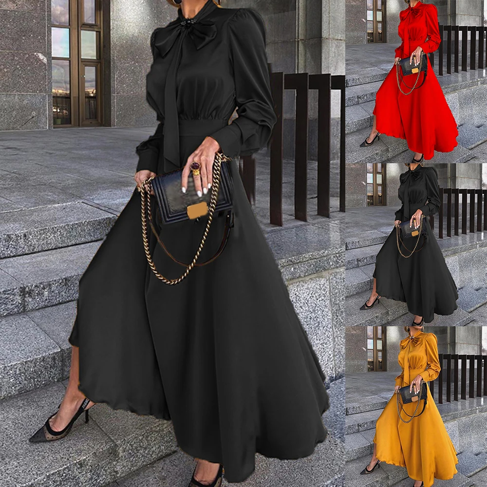 

Vintage Bow Tie High Waist Dress Women A-Line Maxi Dress Autumn Full Sleeve Party Proms Dresses Plus Size Fashion Female Dress