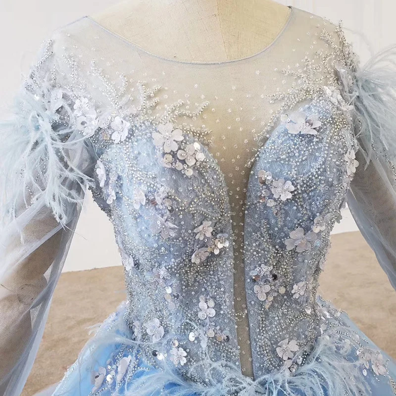 

BGW 2202ht Graduation Blue Dress O-neck Long Sleeve Feather On Shoulder And Waist Light Tulle Evening Dress