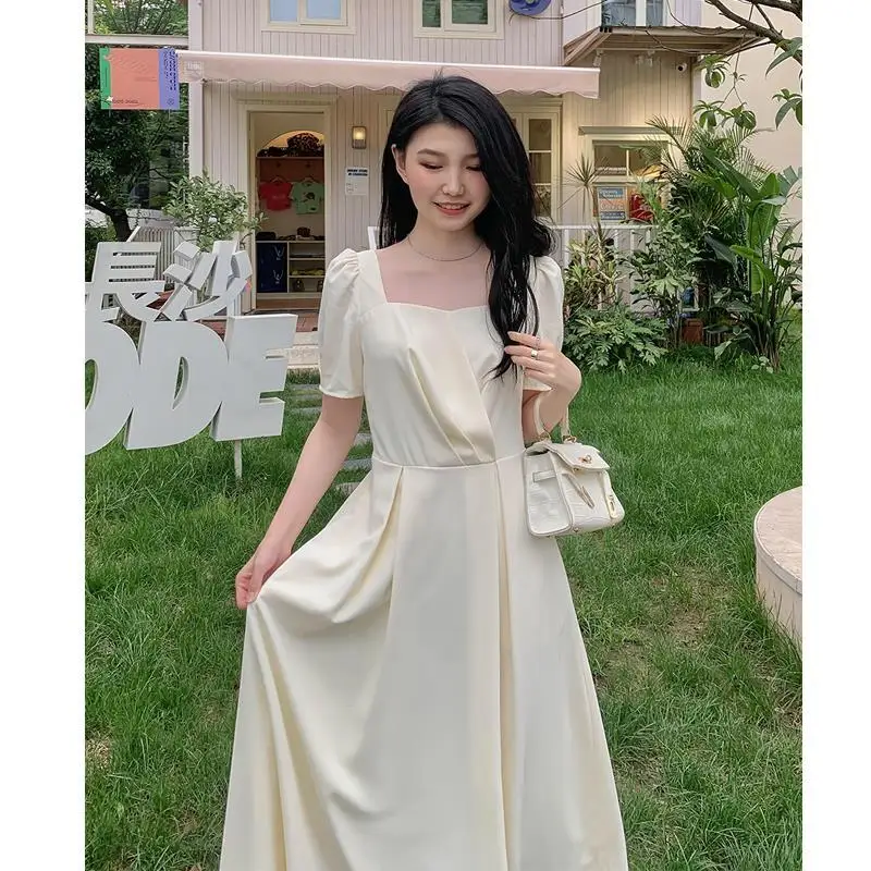 

French square neck puff sleeve white waist dress female pleated princess dress long dresses for women party wedding