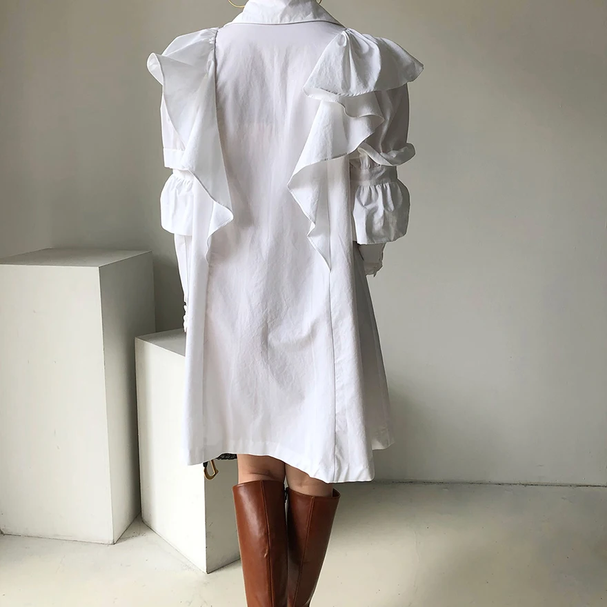 

Kawaii Ruffle Single-Breasted Waist Shirtdress Chic 2021 Spring Women Korean Fashion Mini Long Sleeve Temperament Sweet
